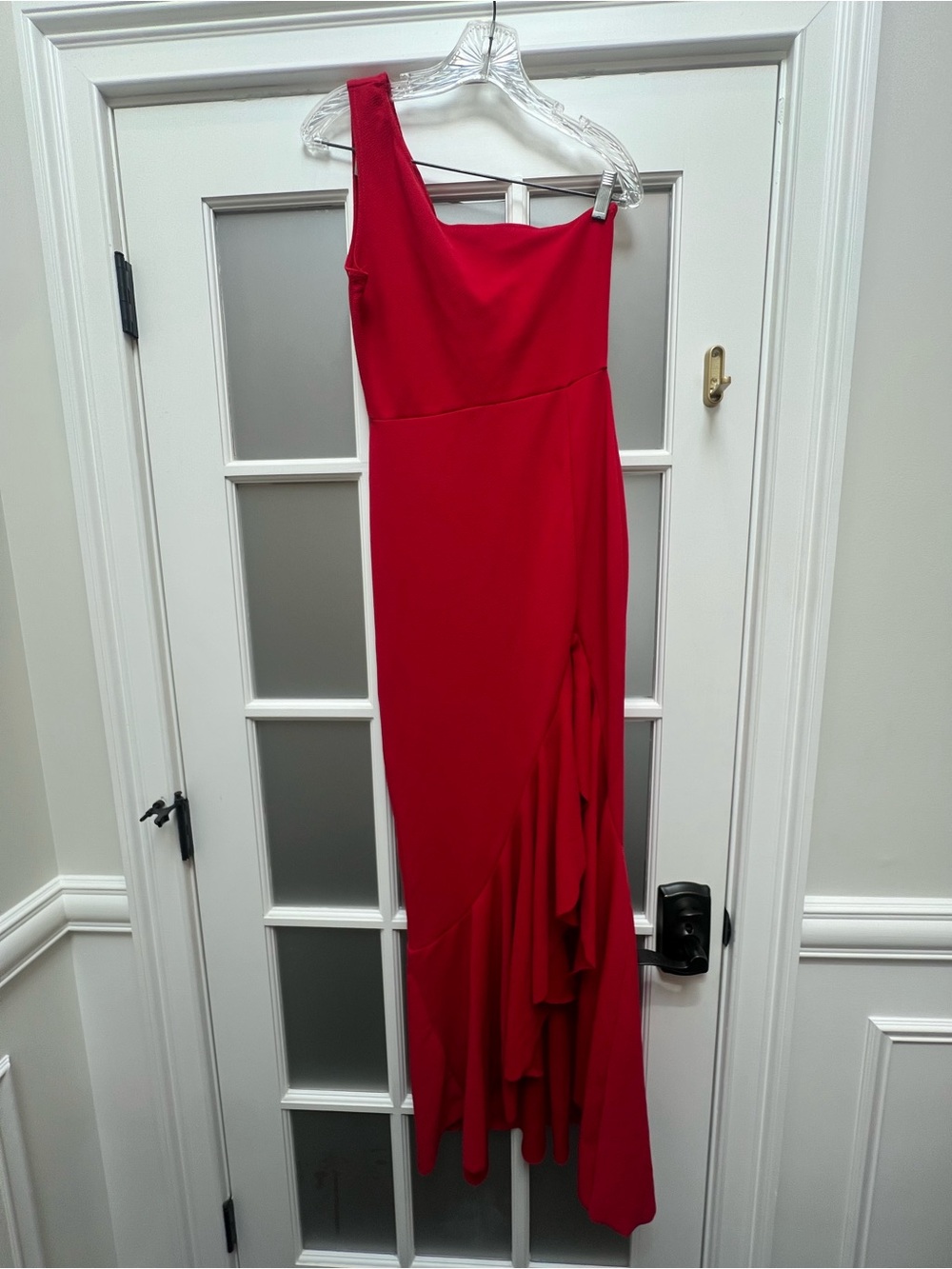PrettyLittleThing Red One-Shoulder Ruffle Evening Dress